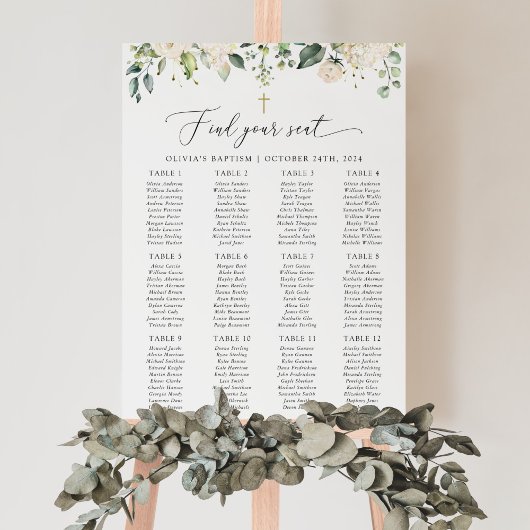 Cream White Flowers, Boho, Baptism Seating Chart Poster