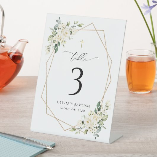 Cream White Flowers, Boho, Baptism Table Numbers Reclamebord Met Voetstuk (Insitu)