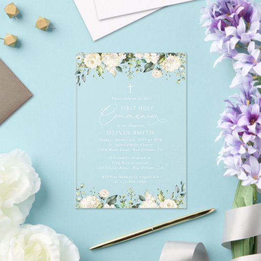 Cream White Flowers, Boho, First Holy Communion Acryl Uitnodigingen (Insitu (Huwelijk))