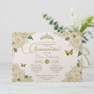 Cream White Gold Roos Floral Butterfly Quinceanera Kaart