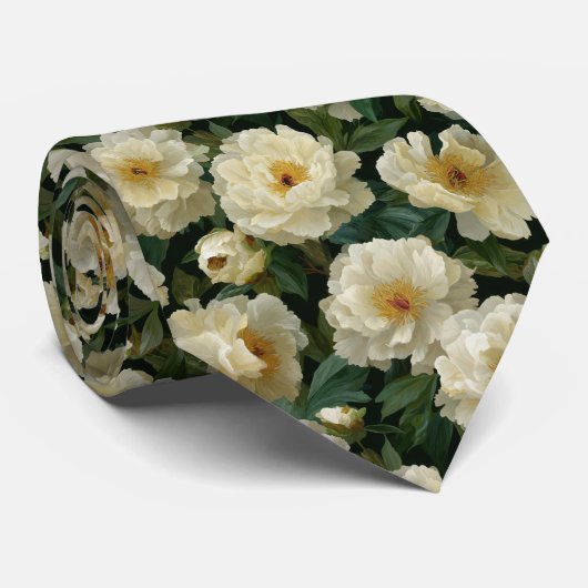 Cream White Peony Floral Pattern Stropdas (Opgerold)