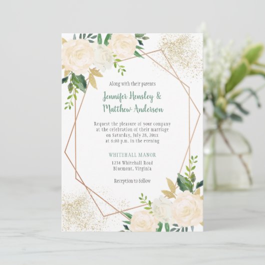 Cream White Roses Moderne Geometric Gold Glitter Kaart (Staand voorkant)