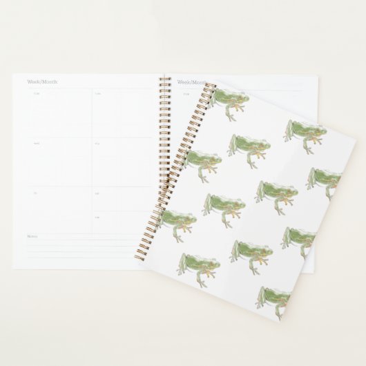 Cream White Sage Green Waterverf Frog Pattern Planner (Display)