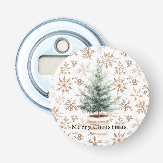 Cream White Snowflakes Christmas Tree  Button Flesopener (Voorkant)
