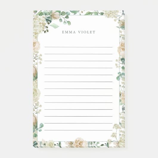 Cream White Waterverf Floral Name Post-it® Notes (Voorkant)
