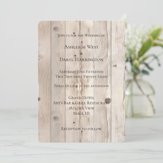 Cream White Wood Wedding Kaart (Staand voorkant)