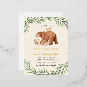 Cream Woodland Greenery Forest Animals Baby shower Folie Uitnodiging Briefkaart