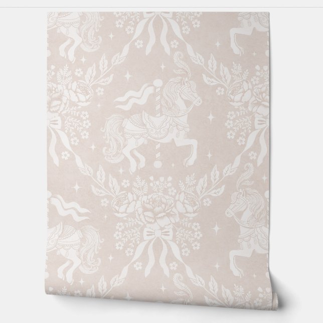Creamy Beige Rococo Carousel Horses & Florals Behang (Afrollen)