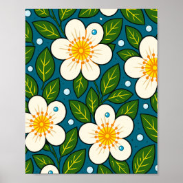 Creamy White Florals Pattern with Green Leaves Poster