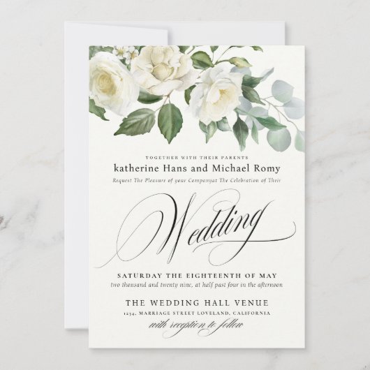 CreamyFloral Eucalyptus Script Calligraphy Wedding Kaart (Voorkant)