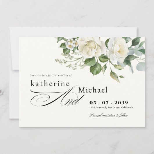 CreamyFloral Eucalyptus Script Calligraphy Wedding Save The Date (Voorkant)