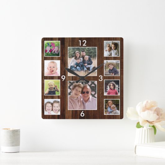 Create Your Own 10 Photo Collage Pallet Wood Vierkante Klok (Huis)