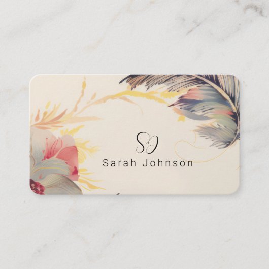 Creatieve Boheemse bloemen & veren met monogram Visitekaartje (Voorkant)