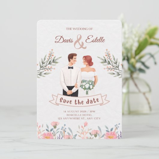 Creatieve Floral Illustratie Bruiloft Uitnodiging (Staand voorkant)