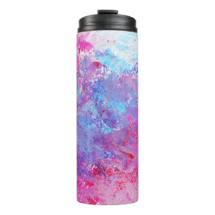 Creatieve roze-blauwe textuur, verfvlekken. thermosbeker