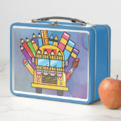 Creatieve schoolbus gemaakt van schoolbenodigdhede (In situ)