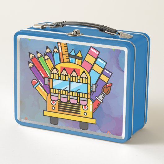 Creatieve schoolbus gemaakt van schoolbenodigdhede (Voorkant)