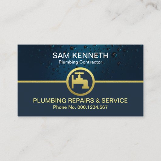 Creative Blue Water Drop Gold Faucet Plummer Visitekaartje (Voorkant)
