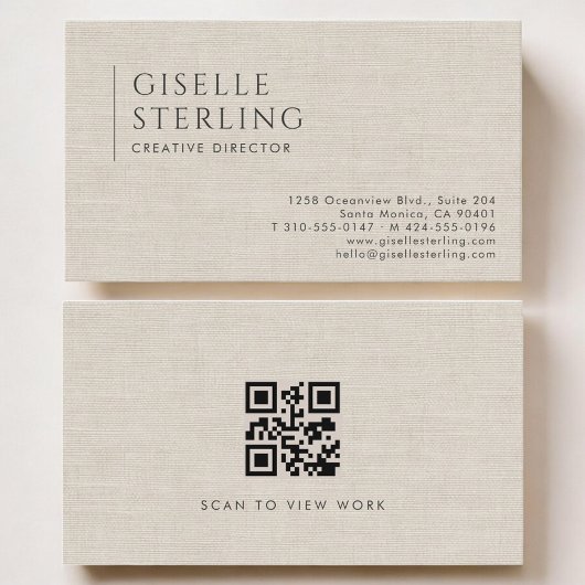 Creative Director Luxury Neutral Linen QR Code Visitekaartje
