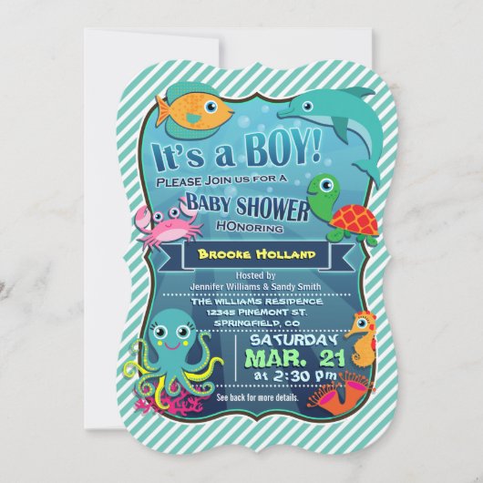 Créatures Mer Colorées; Invitation Baby shower Gar (Devant)