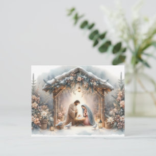 Crèche rustique avec carte de fleurs d'hiver