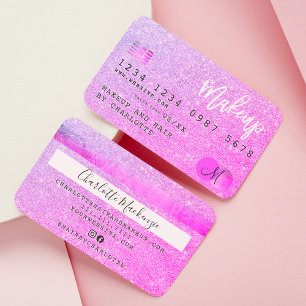 Creditcard chic roze glitter make-up hair monogram visitekaartje