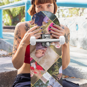 Creëer Aangepast 5 Foto Collage Gold Monogram Skateboard