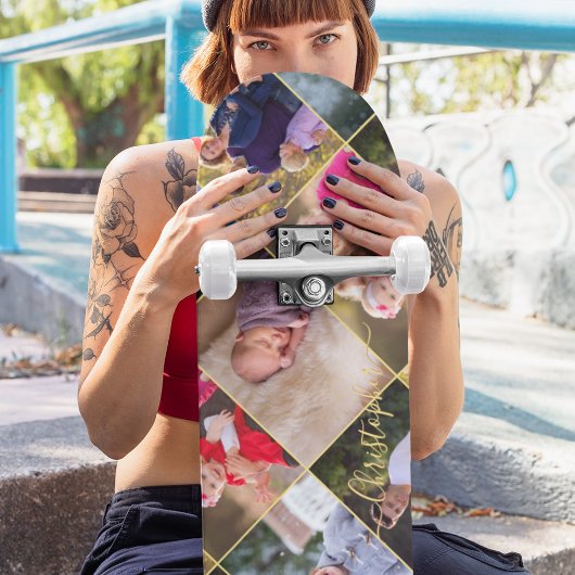 Creëer Aangepast 5 Foto Collage Gold Monogram Skateboard