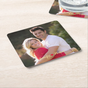 Creëer Custom Couple Pas getrouwd Fotopapier Onder Vierkante Kartonnen Onderzetter