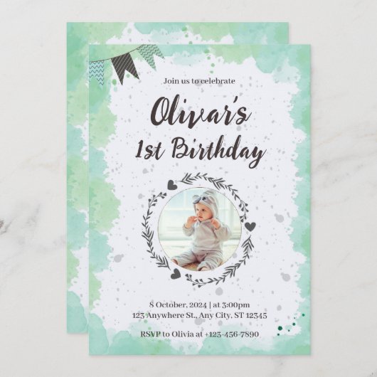 Creëer je eigen Custom Photo Boy Blue 1st Verjaard Kaart (Voorkant / Achterkant)