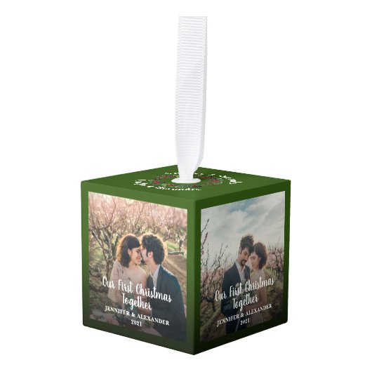 Creëer je eigen eerste kerstfeest samen foto kubus ornament (Voorkant hoekig)