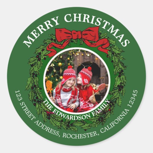 Creëer je eigen kerstfoto-retadres ronde sticker (Voorkant)