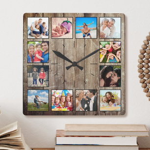 Creëer Uw aangepaste fotocollage Rustic Farmhouse Vierkante Klok