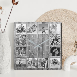 Creëer Uw aangepaste fotocollage Rustic Farmhouse Vierkante Klok