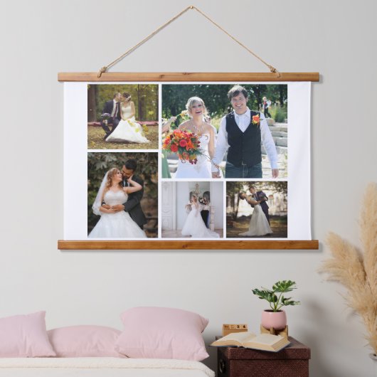 Creëer Uw eigen 5 foto bruiloft collage Hangend Wandkleed (Slaapkamer)