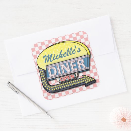 Creëer Uw eigen aangepaste retro 50-gebarentaal 2 Vierkante Sticker (Envelop)