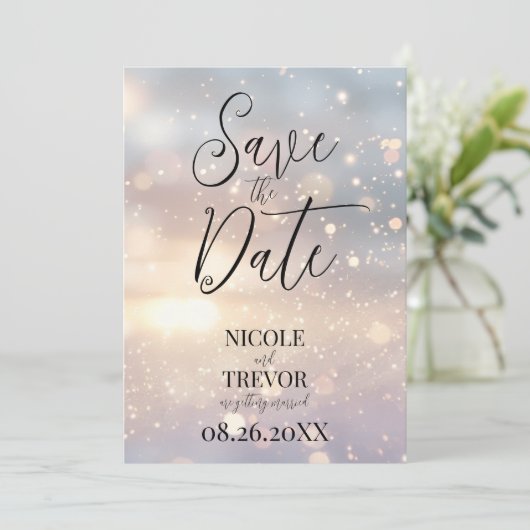 Creëer uw eigen aangepaste zonovergoten vonken save the date (Staand voorkant)