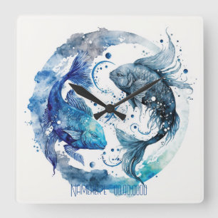 Creëer Uw eigen Blauwe & Blauwgroen Vissen Zodiac Vierkante Klok