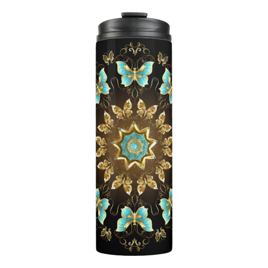 Creëer Uw eigen Blauwe & Gouden Vlinders Mandala Thermosbeker (Voorkant)