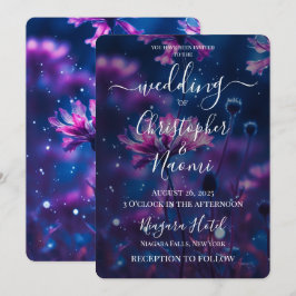 Creëer uw eigen donkerblauwe en roze bloemen bruil kaart