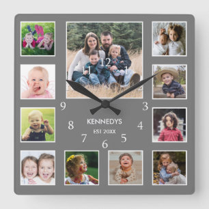 Creëer Uw eigen familienaam Foto Collage Gray Vierkante Klok