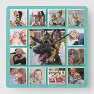Creëer Uw eigen fotocollage Blauwgroen Vierkante Klok