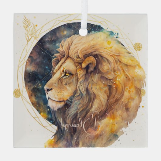 Creëer Uw Eigen Gouden & Blauwe Leeuw Zodiac Glas Ornament (Achterkant)