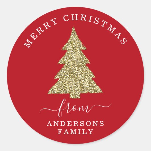 Creëer Uw Eigen Gouden Glitter Kerstboom Rood Ronde Sticker (Voorkant)