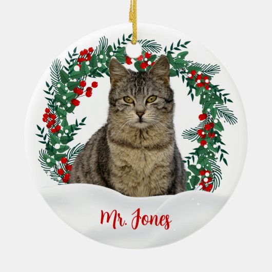 Creëer Uw Eigen Krans Kerstkattenfoto Keramisch Ornament (Achterkant)