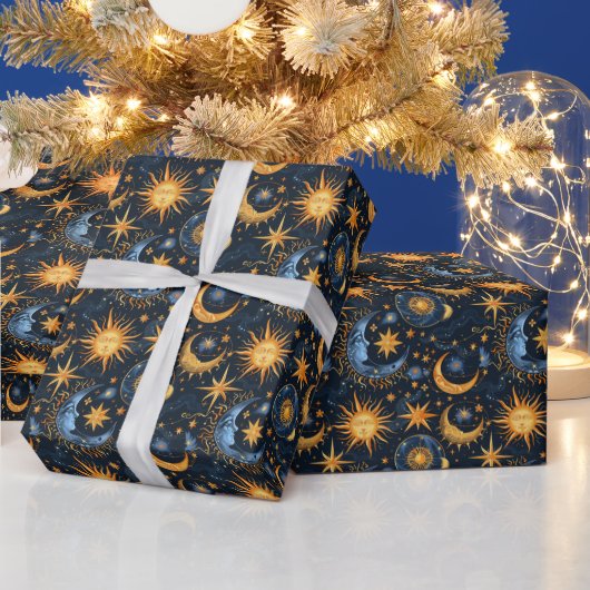 Creëer Uw Eigen Midnight Blue & Gold Celestial Cadeaupapier (Feestdagen)