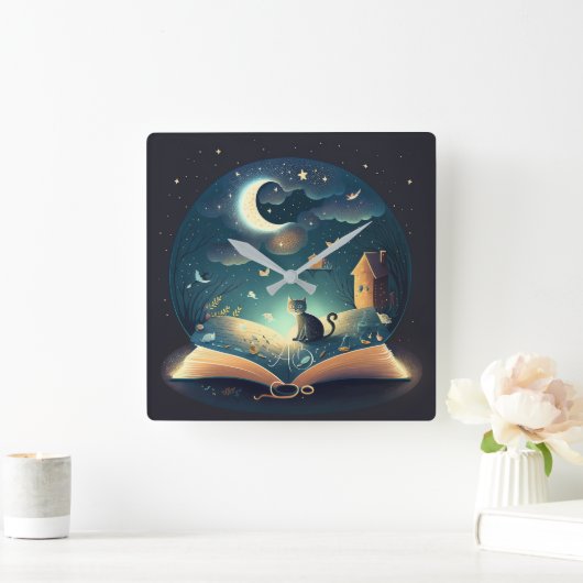 Creëer Uw eigen mystieke Black Cat & Grimoire Vierkante Klok (Huis)