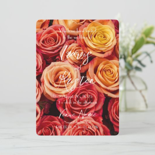 Creëer Uw Eigen Oranje Rozen Bruiloft Kaart (Staand voorkant)