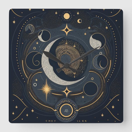Creëer Uw eigen Silver & Gold Celestial Lunar Vierkante Klok (Voorkant)
