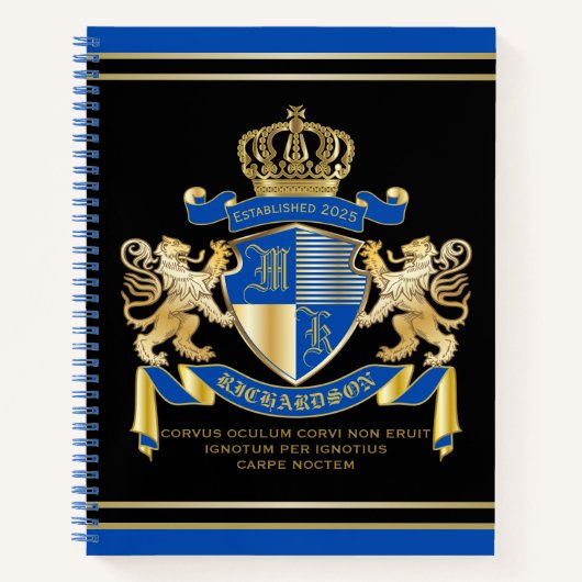Creëer uw eigen wapenkat blauw goudleeuwen notitieboek (Voorkant)